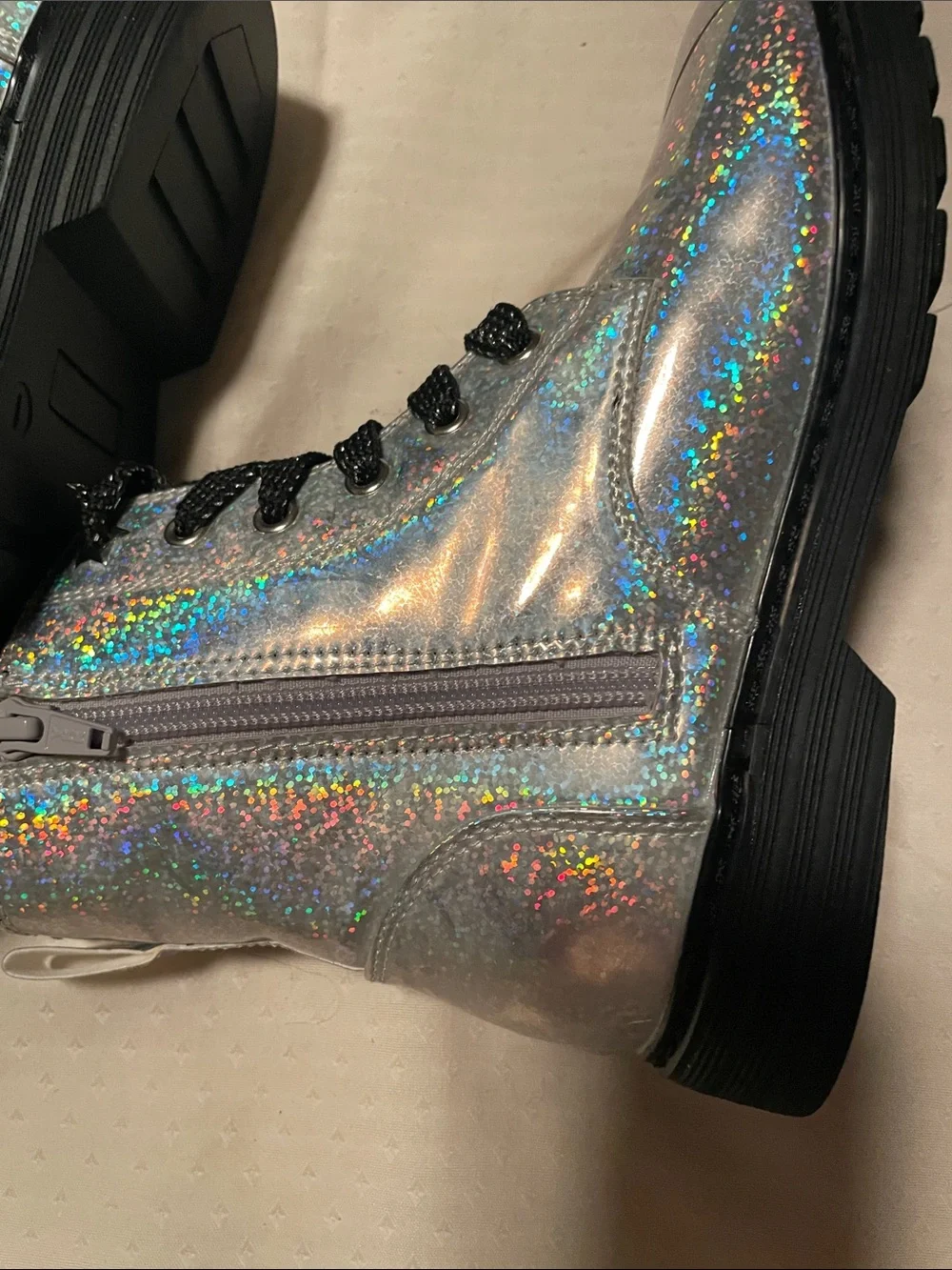 Kids Holographic Silver Sparklr Lace-Up and Zip Boots.
